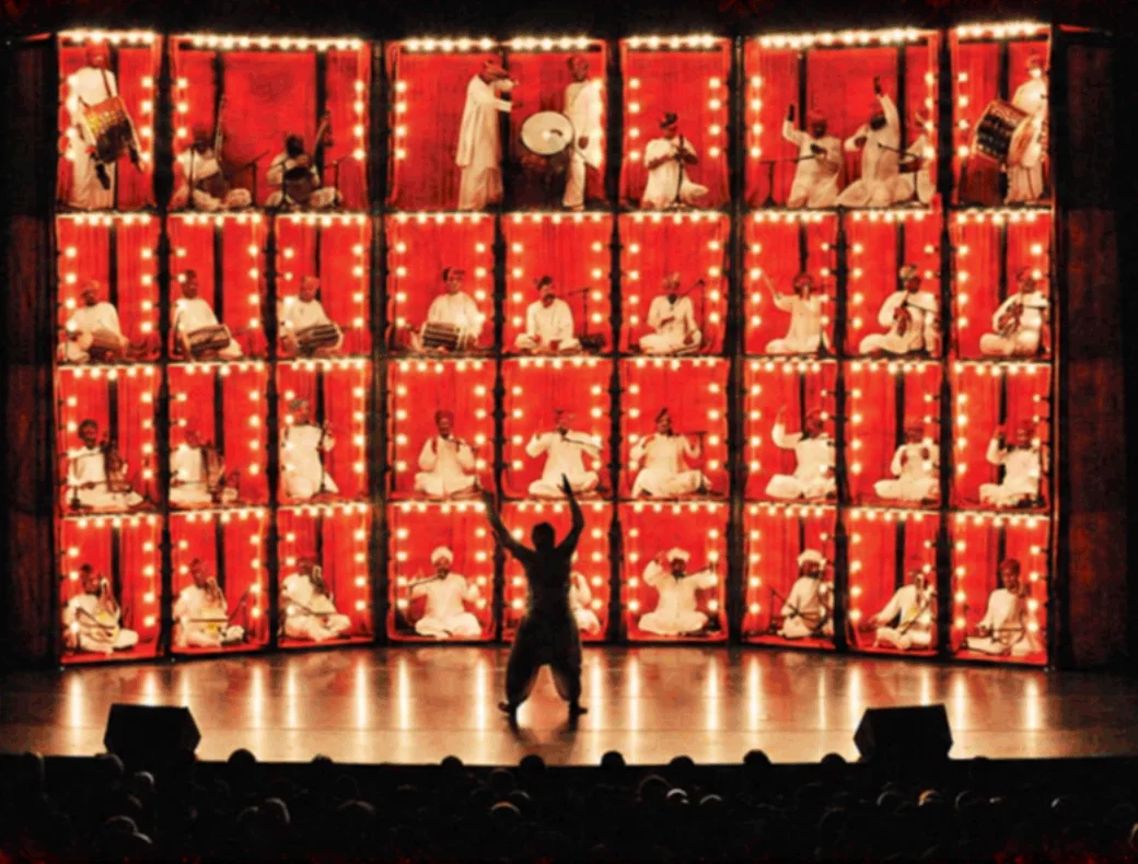 The Manganiyar Seduction on stage: musicians in white sit in a wall of lit, red-curtained windows edged with bulbs, while a conductor stands silhouetted in front with arms raised.